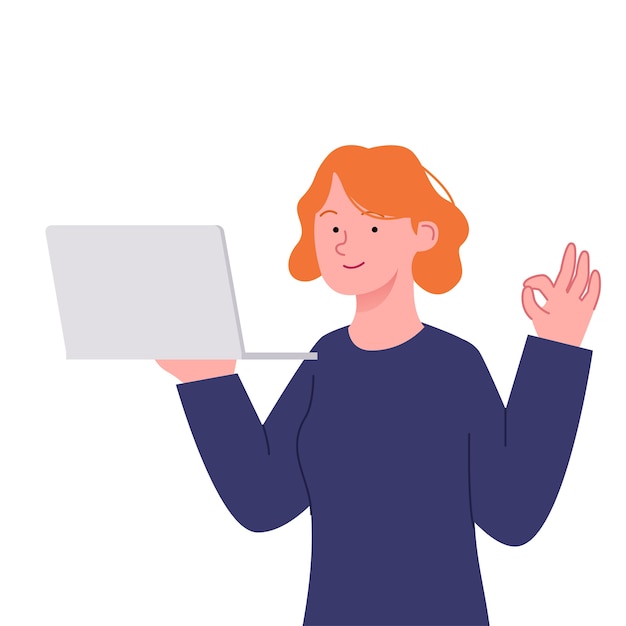 Frau halten laptop und geste ok hand illustration