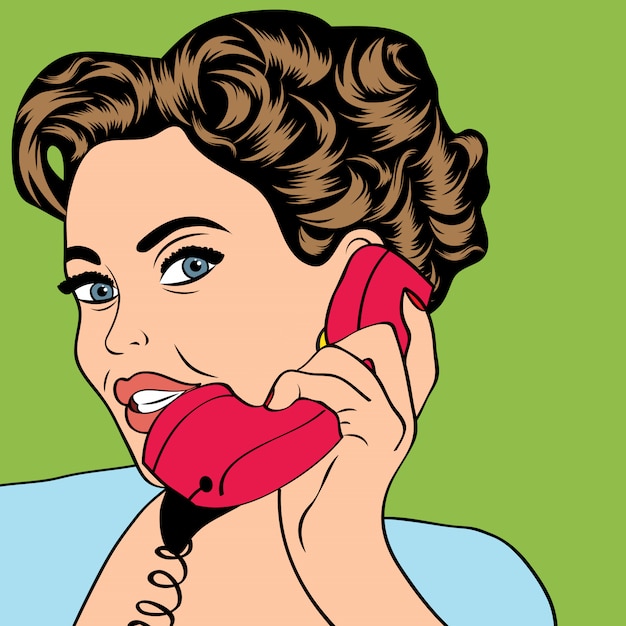 Frau im chat auf dem retro-telefon, pop-art-illustration