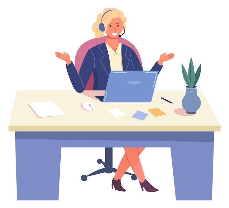 Vektor frau im headset, die am laptop arbeitet video-chat für die arbeit