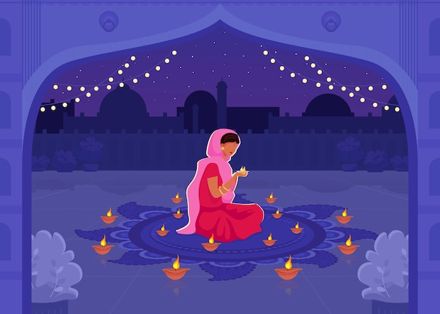 Frau im sari beten flache farbillustration. diwali festival mit diya kerzen. traditionelles hinduistisches feiertagsgebet. indische weibliche 2d-karikaturfiguren mit stadtbild auf hintergrund