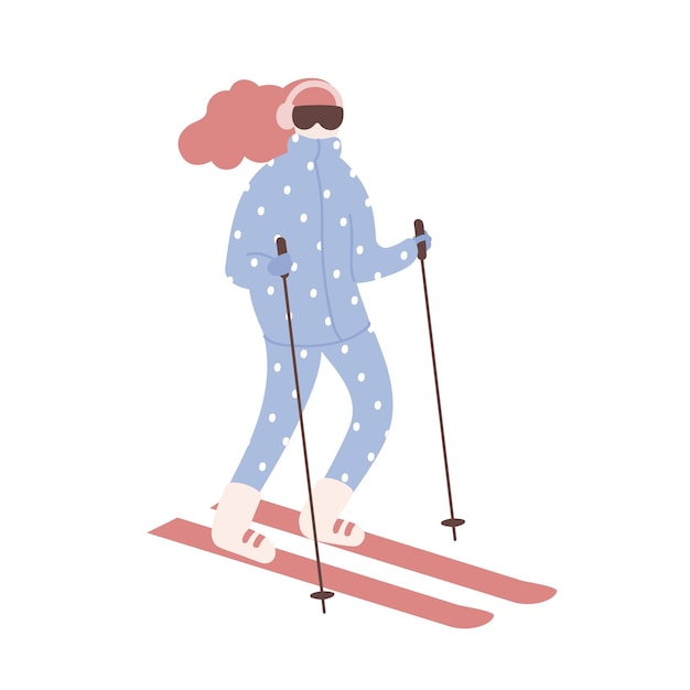 Frau im schneeanzugskifahren. mädchen auf skiern oder sportlerin, die an slalom-wettbewerben oder cross-country-rennen teilnehmen. extremer wintersport und outdoor-aktivitäten. vektor-illustration im flachen cartoon-stil.