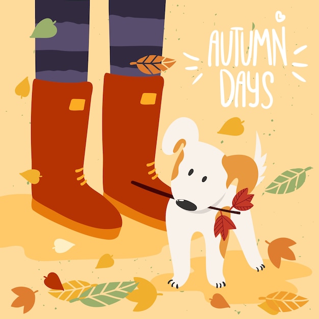 Frau in Gummistiefeln, die mit Hund im Herbst spielen und Herbsttage beschriften. Illustration ist für Ihre Karte, Poster, Flyer.