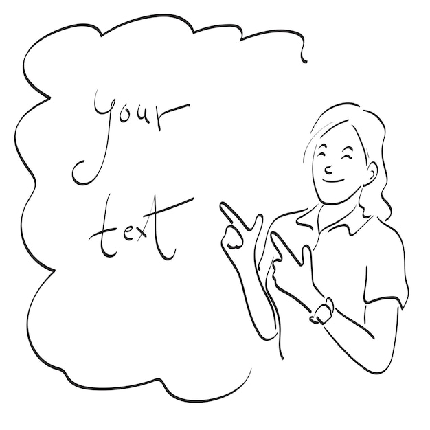 Frau in polo-shirt zeigt auf leeren raum illustration vektor von hand gezeichnet isoliert