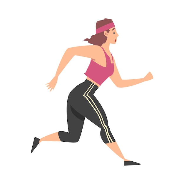 Frau in Sportbekleidung Joggen oder Laufen Sportwettbewerb Outdoor Morning Workout Cartoon-Stil Vektorillustration