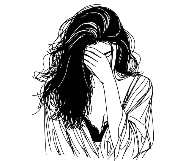 Frau ist verwirrt Sketch Probleme Stress traurig und Depression Konzept im Doodle-Stil