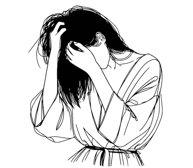 Frau ist verwirrt Sketch Probleme Stress traurig und Depression Konzept im Doodle-Stil