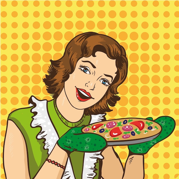 Vektor frau kocht zu hause pizza vektorillustration im retro-comic-pop-art-stil