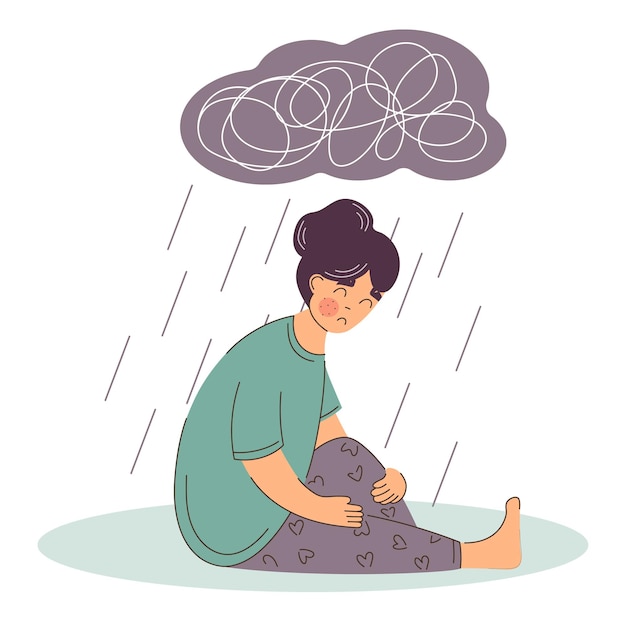 Frau leidet an depressionen, psychischen erkrankungen. sitzen unter regenwolke mit schweren gedanken. traurig und unglücklich. bipolare störung.