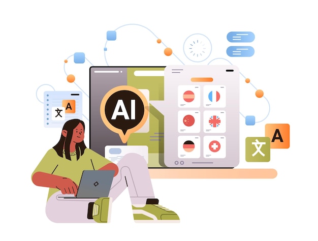 Frau lernt Fremdsprache in Computer-App mit KI-Helfer-Bot-Bildungskonzept, horizontale Kopienraum-Vektorillustration