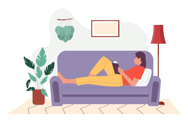 Frau liest zu Hause ein Buch Vektorillustration