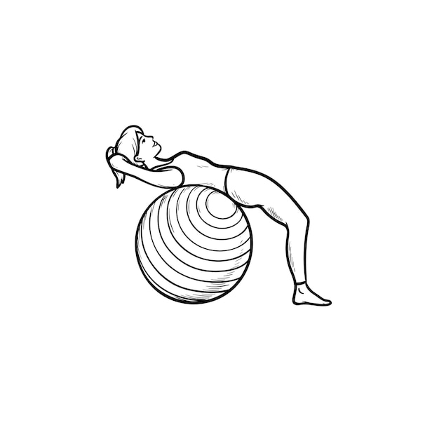 Frau macht bauchmuskelübungen auf fitball hand gezeichneten umriss-doodle-symbol. gesunder lebensstil, pilates, fitnesskonzept