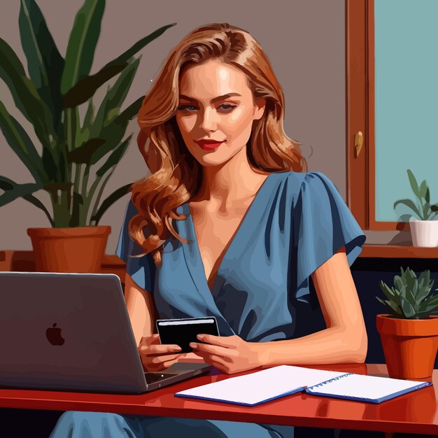 Vektor frau macht online-shopping mit kreditkarte und notebook vektor-clipart-illustration