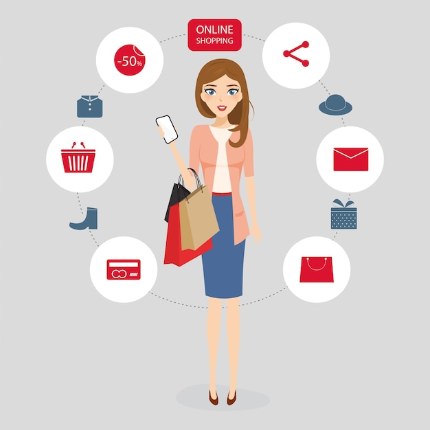 Frau macht Online-Shopping mit Mobiltelefon Charakter Menschen Kommunikationstechnologie