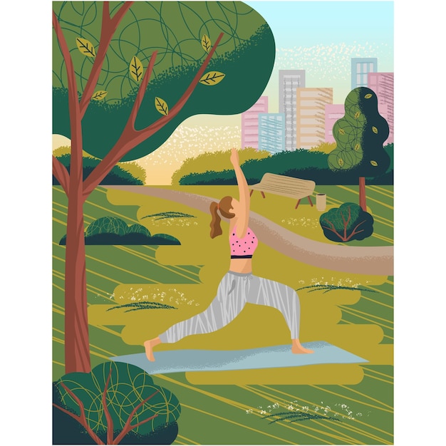 Frau macht yoga im stadtpark, vektor-cartoon