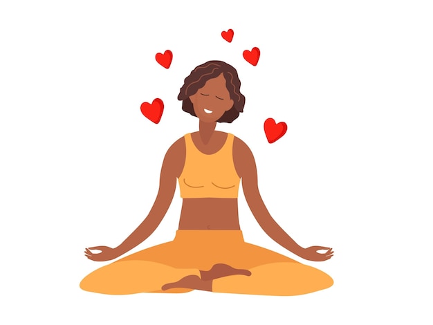 Frau meditiert im Lotussitz. Frau mit Sportkleidung macht Yoga. Dame glücklich und amüsiert sich.