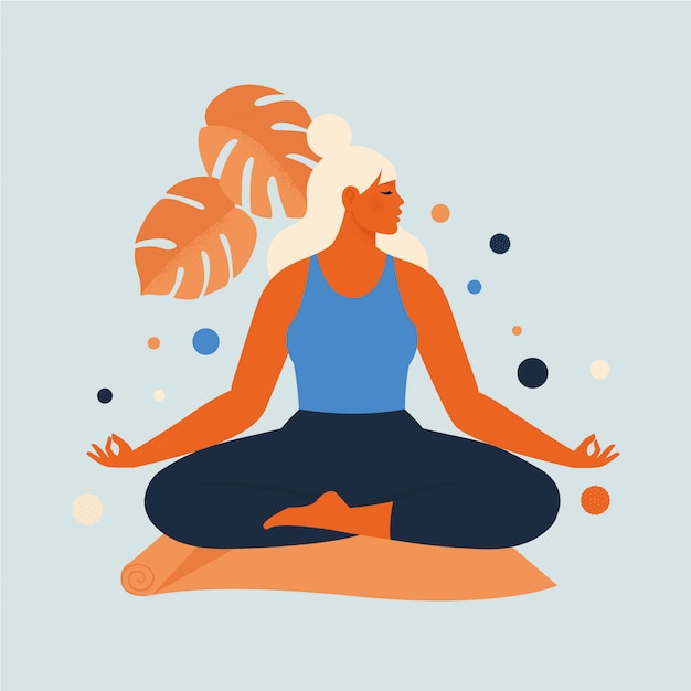 Vektor frau meditiert in der natur und geht. konzeptillustration für yoga, meditation, entspannung, erholung, gesunden lebensstil. illustration im flachen karikaturstil