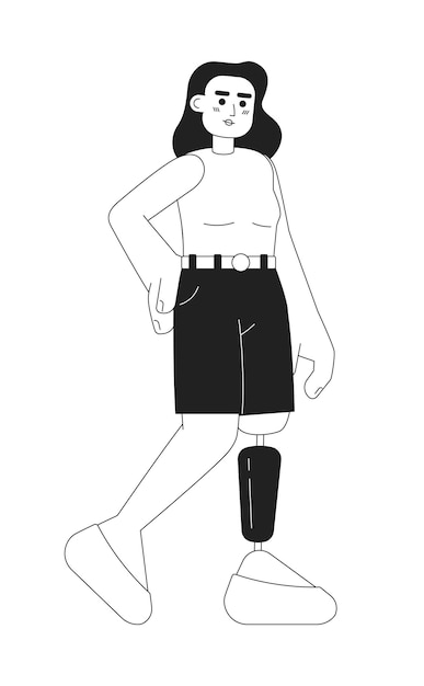 Frau mit bionischer beinprothese, monochromatischer flacher vektorcharakter, bearbeitbare dünne linie, kräftige ganzkörperdame mit knieprothesen auf weißem, einfaches schwarzweiß-cartoon-spot-bild für web-grafikdesign