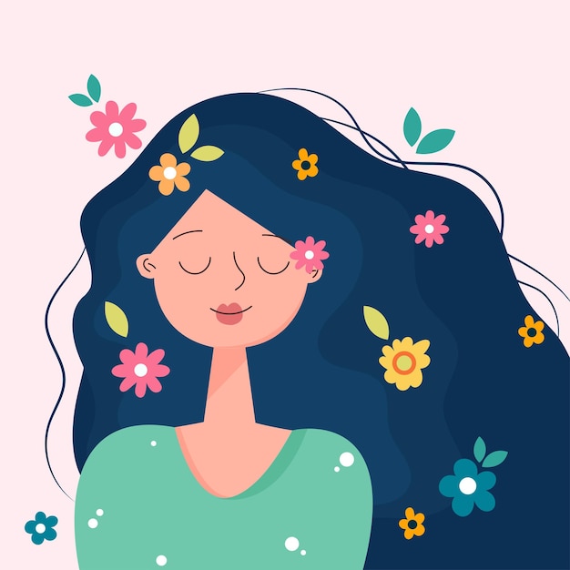 Frau mit Blumen auf dem Kopf schöne junge Frau mit langen Haaren Stockfoto Illustration