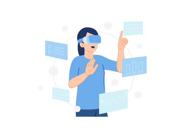 Frau mit Brille der virtuellen Realität VR erlebt moderne Konzeptillustration der Zukunftstechnologie