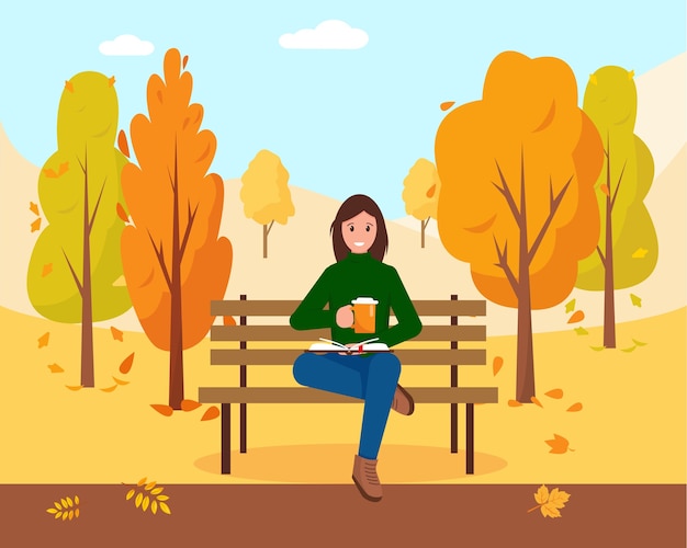 Frau mit Buch und Kappe des heißen Kaffees oder des Tees, die auf der Bank im Park sitzen. Herbst Stadtpark Hintergrund. Illustration.
