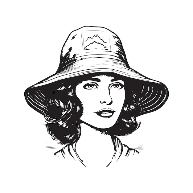Frau mit bucket hat vintage logo konzept schwarz-weiß handgezeichnete illustration