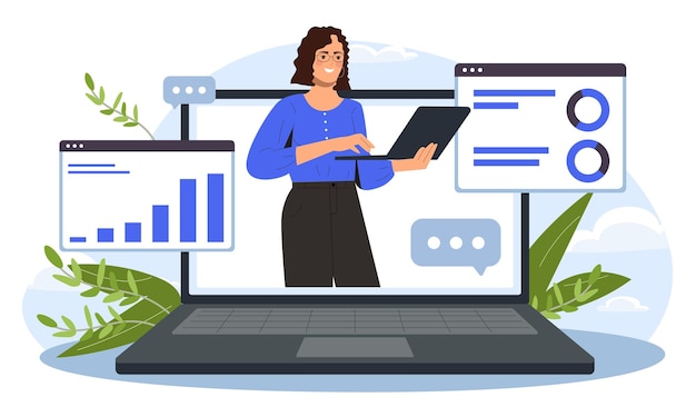 Frau mit Diagrammen Junges Mädchen mit Laptop bewertet Statistiken und Infografiken Analystin führt Marketingforschung Investor und Händler Geschäftsfrau Cartoon flache Vektorillustration