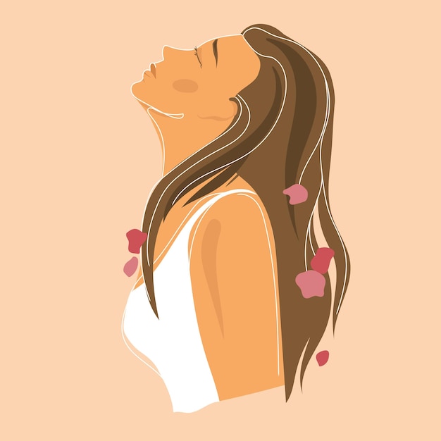 Frau mit erhobenem Kopf und Blumen im Haar auf einem beigen Hintergrundvektor. Poster für Frauenrechte