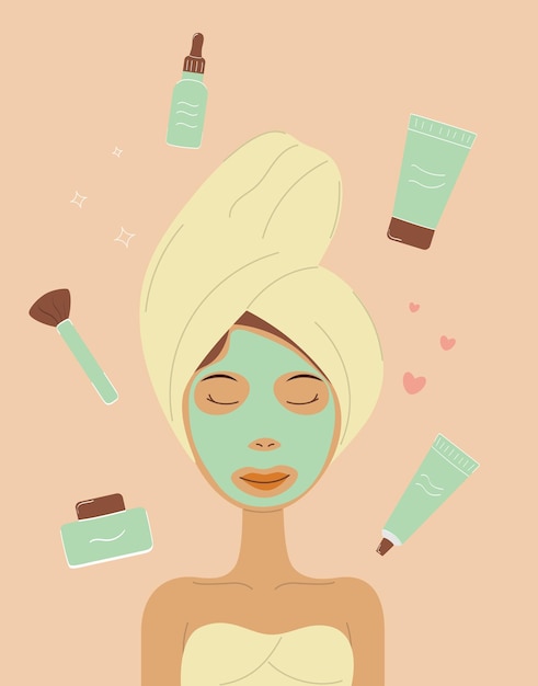 Frau mit grüner Gesichtsmaske, Selbstpflege, Selbstliebe, Vektorillustration, Gesichtspflege-Set