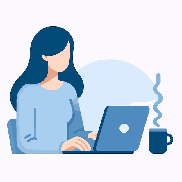 Frau mit haar in einer Brötche, die ihr Kinn auf ihrer Hand ruht und auf einen Laptop schaut
