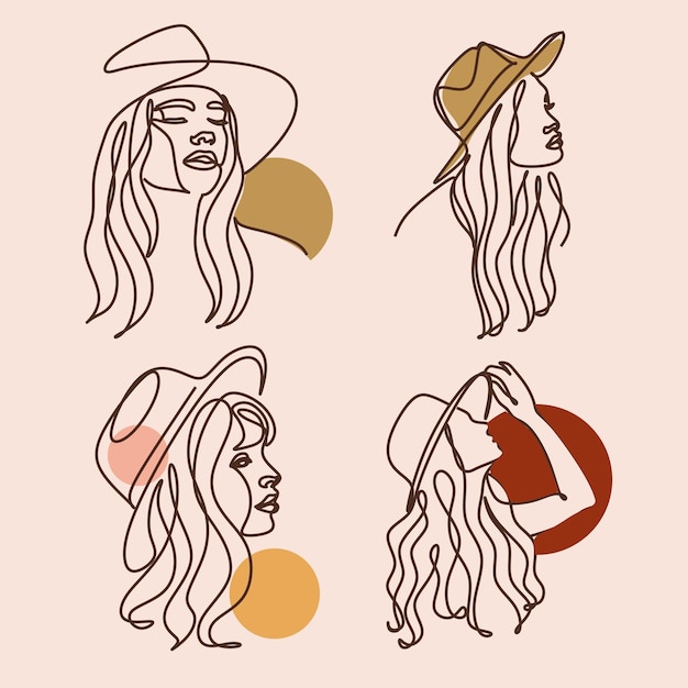 Frau mit hut sammlung von strichzeichnungen minimalistisches porträt von frauen in hüten mit abstrakter pastellform für ein logo-emblem oder webbanner beauty boho moderne illustration