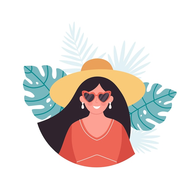 Frau mit Hut und Retro-Brille auf tropischem Blätterhintergrund Hallo Sommergrußkarte Sommerzeit
