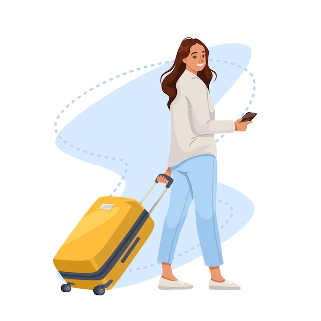 Frau mit Koffer und Handy Vektor-Illustration auf weißem Hintergrund Konzept der Reise Vektor-illustration