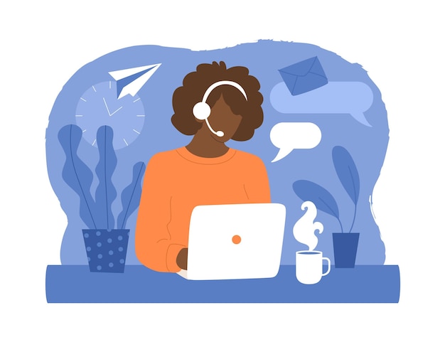 Frau mit Kopfhörern und Mikrofon arbeitet am Laptop Kundenunterstützung Operator Freelancer arbeitet von zu Hause aus Fernarbeit oder Studium Vektor-Illustration isoliert auf durchsichtigem Hintergrund