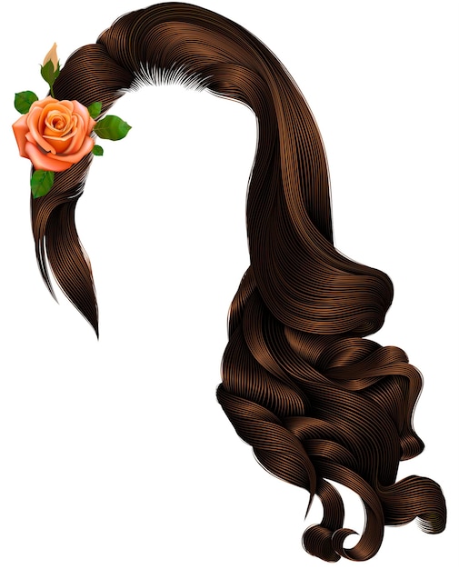 Frau mit langen lockigen Haaren mit Blumen beige rosabrünes brünett farben retro stil schönheit mode realistisch 3d