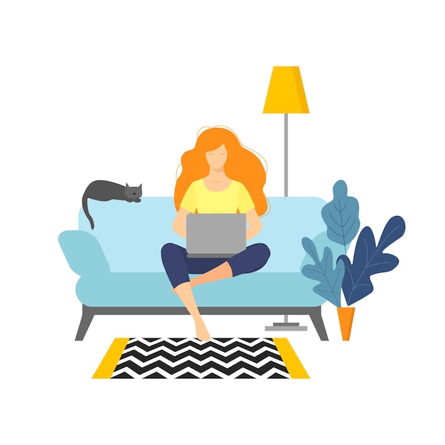 Frau mit Laptop auf dem Sofa sitzend Freiberuflich tätiges oder studierendes Konzeptmädchen arbeitet an einem Computer