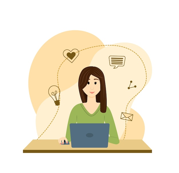Frau mit Laptop Mädchen mit Computer Home Office Arbeits- oder Studienkonzept Flache Cartoon isolierte Vektor Stock Illustration eps 10
