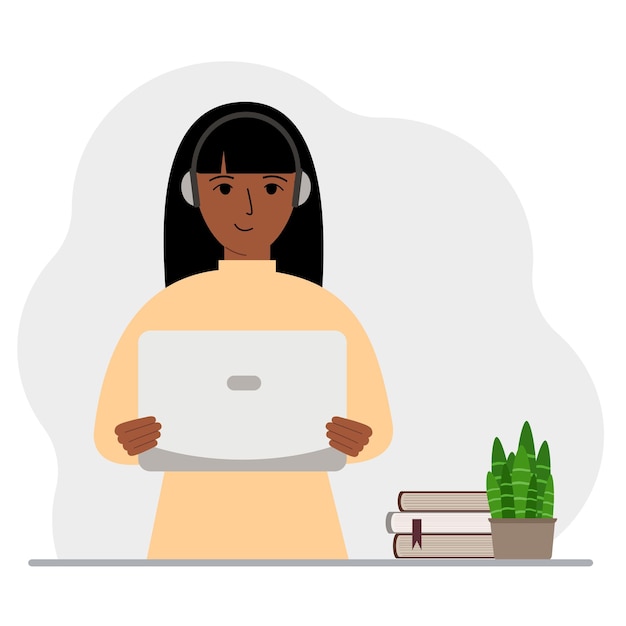Frau mit Laptop und Kopfhörern, die von zu Hause aus arbeiten, Student, Freiberufler, Assistent, Blogger oder Geschäftsmann, Home-Office-Konzept