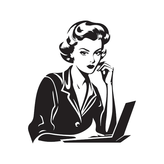 Frau mit Laptop-Vintage-Logo-Line-Art-Konzept schwarz-weiß handgezeichnete Illustration