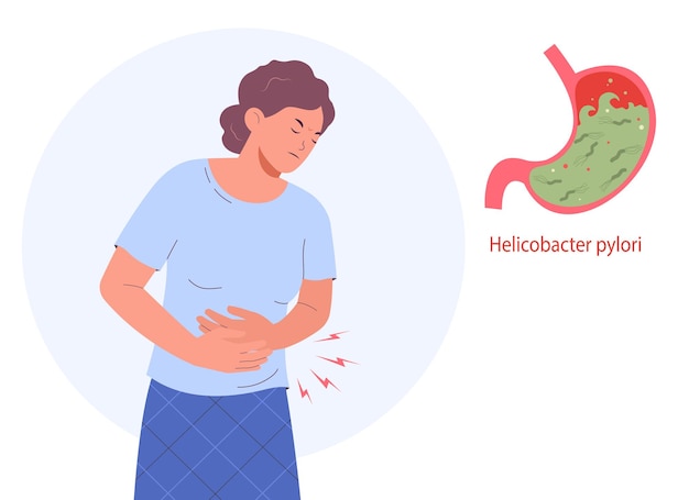 Vektor frau mit magenschmerzen helicobacter pylori-gastritis erkrankungen des magens
