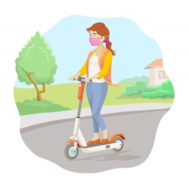 Frau mit maske fahren elektroroller illustration