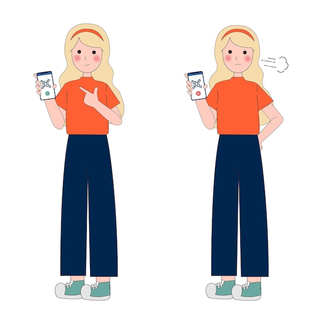 Frau mit QR-Code-Konzept Set Frau mit Smartphone liest Barcode und zahlt Problem scheitern oder ablehnen auf dem Bildschirm Moderne Technologien Cartoon flache Vektor-Illustration