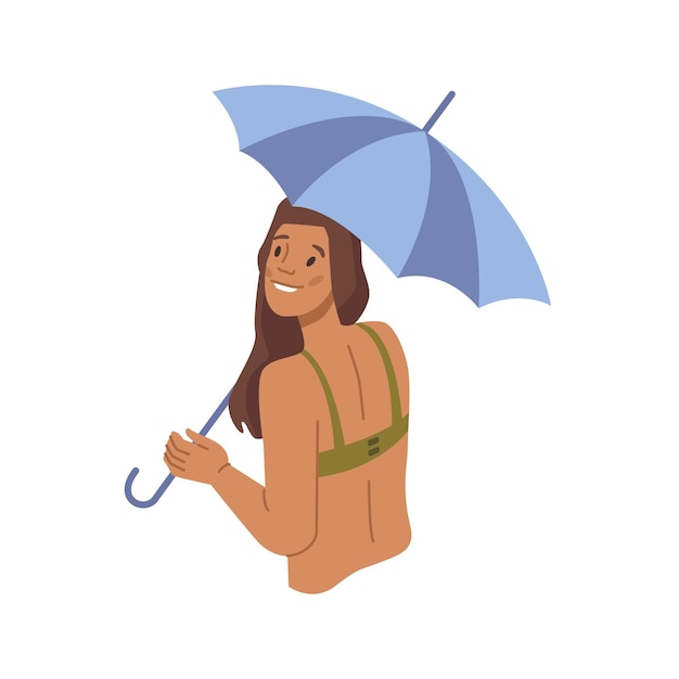 Frau mit regenschirm, die sich vor der sonne versteckt