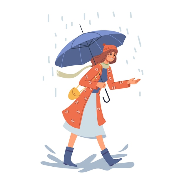 Frau mit Regenschirm, die unter Regenvektor geht