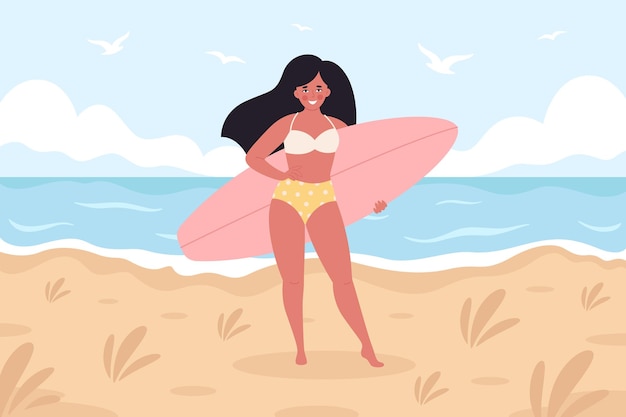 Frau mit Surfbrett am Strand Sommeraktivität Sommer Surfen Hallo Sommer
