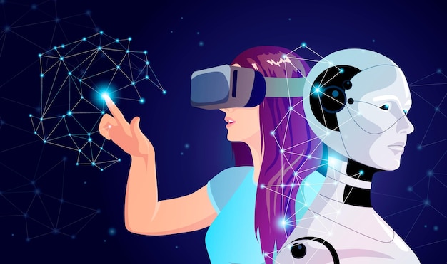 Frau mit VR-Brille baut Cyborg-Roboter-Humanoiden im 3D-Raum Digitale Technologie bionische Wissenschafts-App zur Schaffung einer Robotermaschine mit KI Zukünftiges Evolutionsprogramm für die Menschheit Vektorillustration