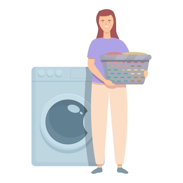 Frau mit Wäschekurv in der Nähe der Waschmaschine Icon Cartoon Vektor Haushaltswäsche Wäsche Waschen von schmutziger Kleidung