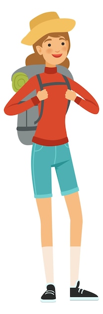 Frau mit Wanderrucksack Outdoor-Touristen-Cartoon-Figur
