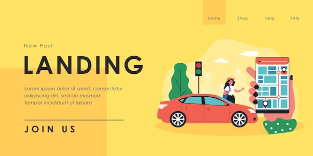 Frau nahe bei Autogrußperson, die Telefon mit Karte hält Mobile App zum Finden der flachen Vektorillustration der Passagiere. Carsharing, Transportkonzept für Banner, Website-Design oder Landing Page
