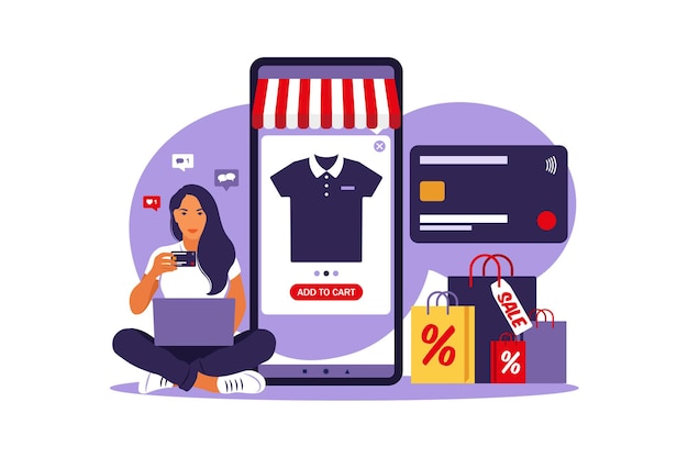 Frau online einkaufen. Mit Kreditkarte bezahlen. Verkauf. Illustration. Flacher Stil.