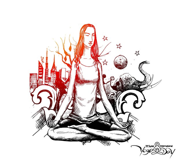 Vektor frau praktizieren yoga-pose, 21. juni internationaler yoga-tag, hand draw sketch vector design.